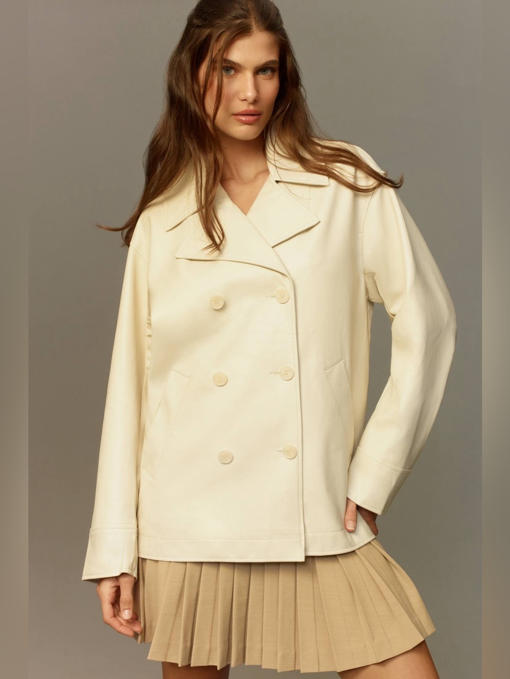 Anthropologie Maeve Faux Leather Cocoon Blazer Pea Coat Ivory XS Oversized FLAW